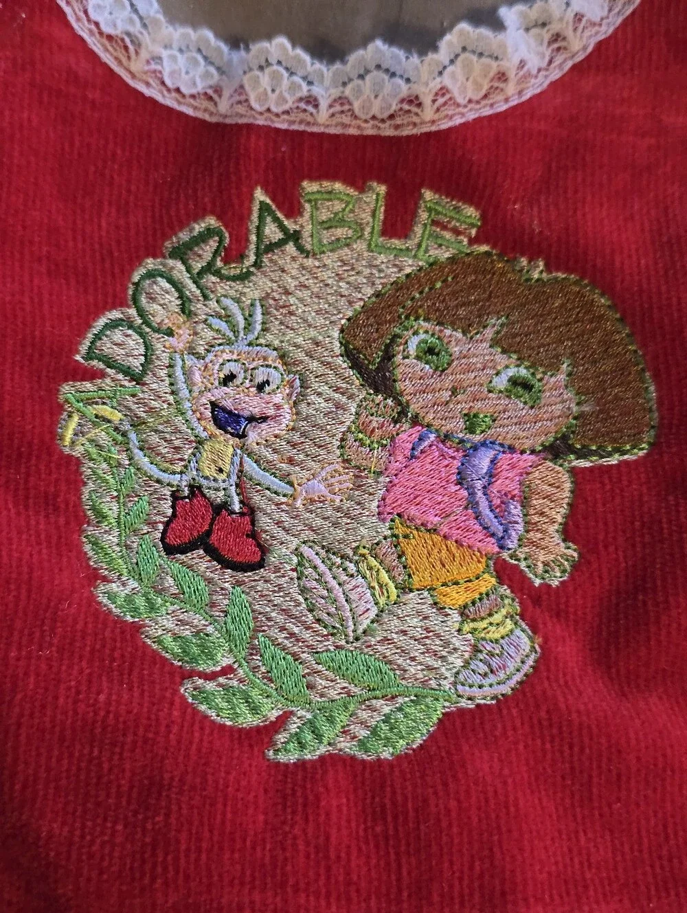 Vintage Y2K Custom Upcycle Embroidered aDORAble Red Corduroy Pinafore Dress 9-12